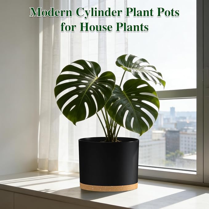 Plant Pots, 10/9/8 Inch 3 Pack Cylindrical Flower Pots with Drainage Holes and Saucers, Plastic Planters for Outdoor Indoor Plants,Black Brown