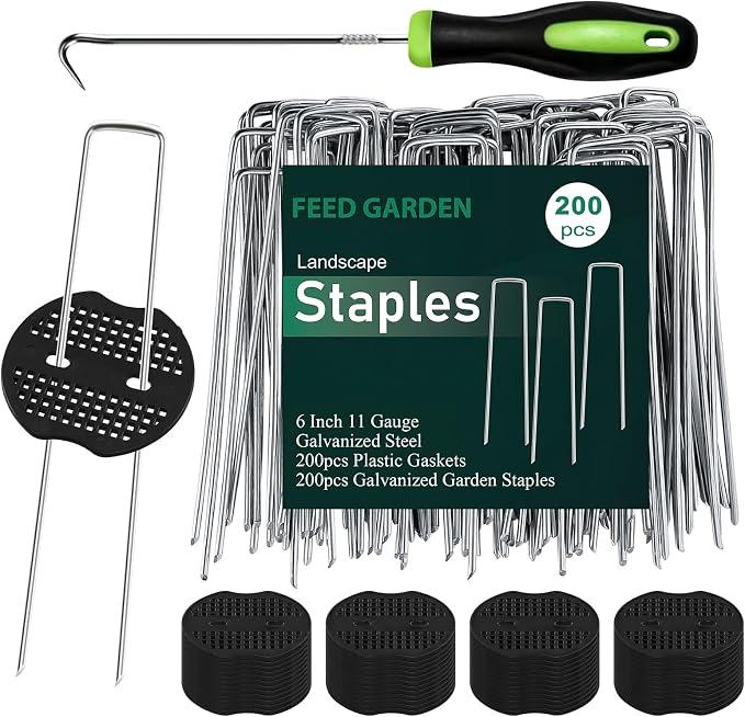 FEED GARDEN Landscape Staples 6 Inch 200 Pack Kit, Heavy Duty 11 Gauge Hot-Dip Galvanized Garden Stakes with 200 Gaskets & 1 Pick Hook for Weed Barrier, Landscape Fabric, Sod, Turf & Garden Edging