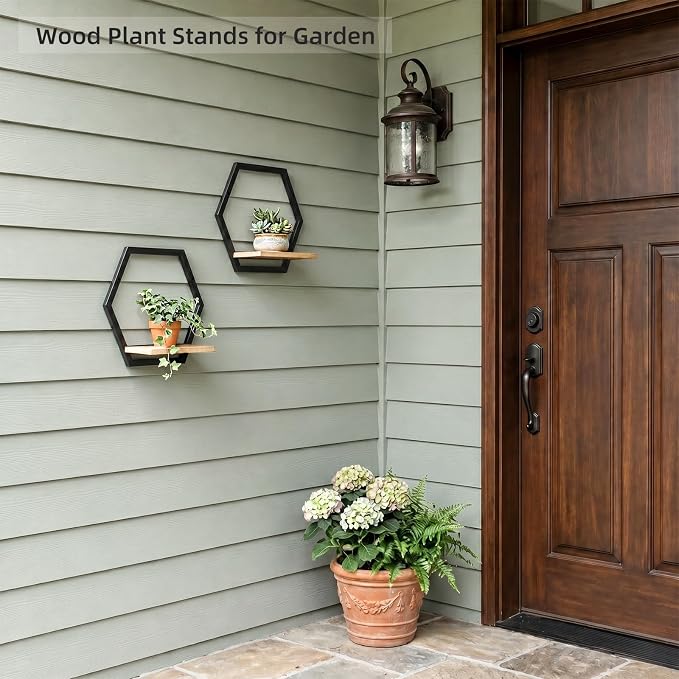 2 Pack Solid Wood & Metal Framework Wall Plant Stands,9 inch Natural Wood Shelf of Indoor,Mid Century Modern Hanging Planter for Outdoor Entryway 25 LB Load for Plants Black