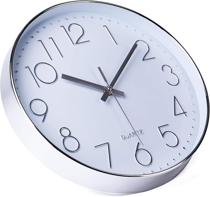 jomparis Modern 12" Battery Operated Non-Ticking Silent Sweep Movement Wall Clock Decorative for Office,Kitchen, Living Room, Bedroom, Bathroom Silver Plastic Frame
