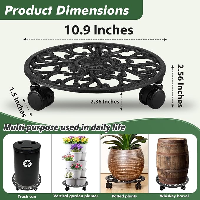 3 Packs 11 Inch Rolling Plant Stand with Wheels Wrought Iron Rolling Plant Stand with Casters Heavy Duty for Indoor Plants Rollers with Wheels Metal Round Plant Dolly