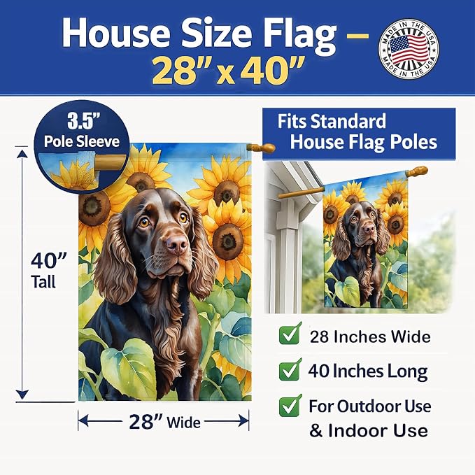 Caroline's Treasures DAC6039CHF Boykin Spaniel in Sunflowers House Flag Large Porch Sleeve Pole Decorative Outside Yard Banner Artwork Wall Hanging, Polyester, House Size, Multicolor