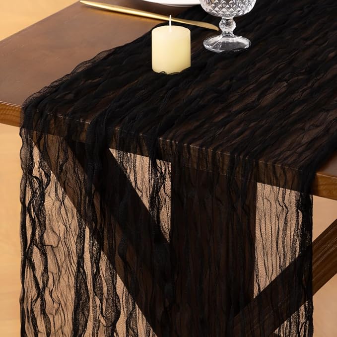 Socomi Black Cheesecloth Table Runner Tulle Gauze Cheese clothBoho Rustic 120 inch 10FT Runner for Wedding Party Baby Shower Birthday Holiday Decorations 3pcs