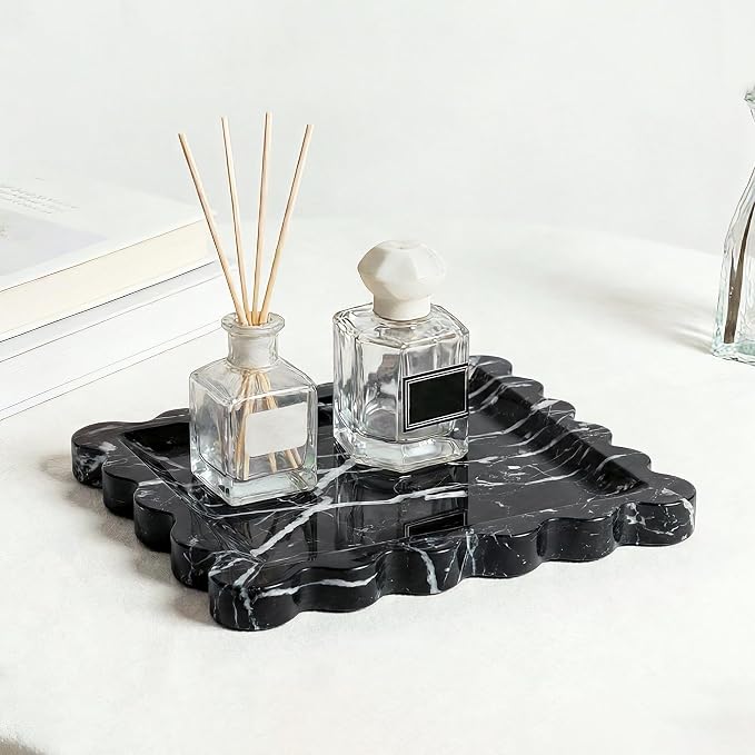 Scalloped Square Marble Decorative Tray, Natural Stone Vanity & Jewelry Tray, Trinket Organizer for Ring, Key, Dresser, Nightstand, Bathroom Counter & Kitchen Sink(Black)