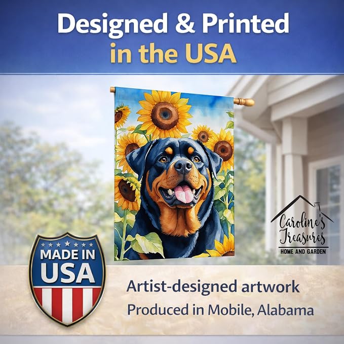 Caroline's Treasures DAC6150CHF Rottweiler in Sunflowers House Flag Large Porch Sleeve Pole Decorative Outside Yard Banner Artwork Wall Hanging, Polyester, House Size, Multicolor