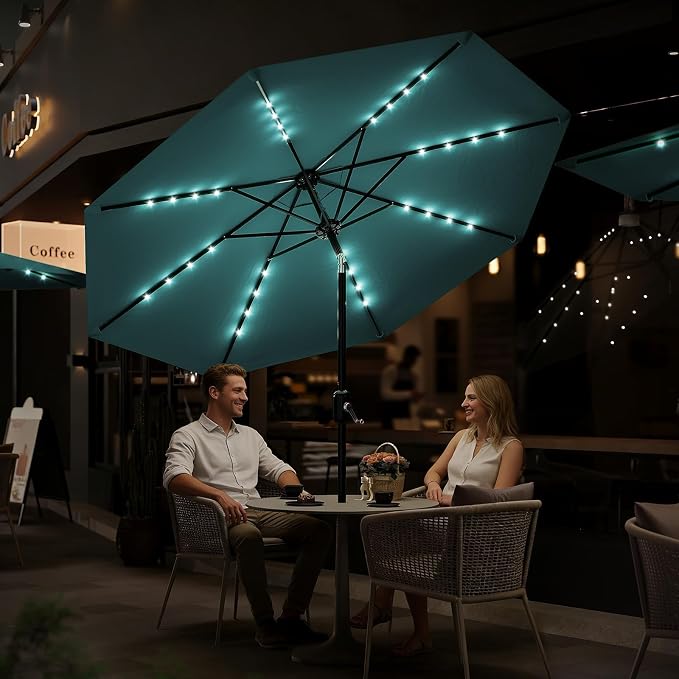 Patio Umbrella with Solar Lights, Outdoor Table Umbrella with 8 Durable Ribs, Tilt & Crank Mechanism, Water & UV Protection Sun Shade Umbrella for Garden, Poolside, Backyard (Yellow, 10 FT)