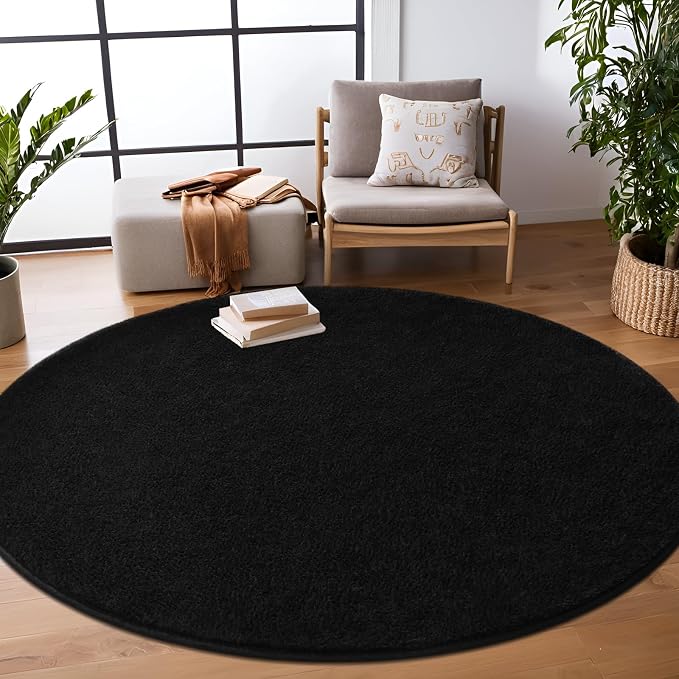 5' Black Round Area Rug Modern Solid | Washable Memory Foam, Low Pile Non Slip Indoor Carpet for Living Room Bedroom Office Classroom College Dorm Room Home Decor