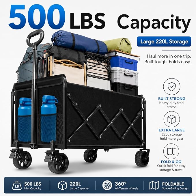 Wagons Carts Foldable, 500 lb 220L Collapsible Wagon with Brakes | Folding Wagon Cart with brakes, compact folding design and large storage for camping, groceries, sports and outdoor hauling