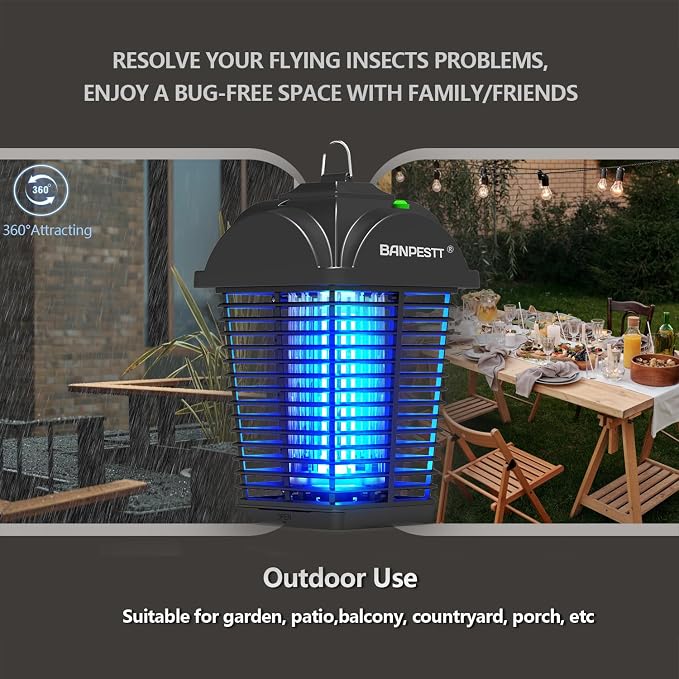 BANPESTT Bug Zapper Outdoor - Plug in Electric 4000V Mosquito Killer - Waterproof Indoor/Outdoor with Dusk-to-Dawn Sensor, Durable Grid & Easy-Clean Tray for Patio, Garden & Home (Black)