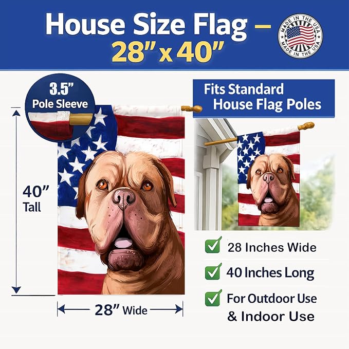 Caroline's Treasures CK6505CHF Dogue de Bordeaux Dog American Flag House Flag Large Porch Sleeve Pole Decorative Outside Yard Banner Artwork Wall Hanging, Polyester, House Size, Multicolor
