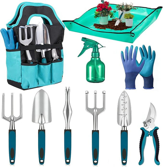 10-Piece Garden Tool Set - Heavy Duty Lightweight Aluminum Alloy Gardening Tools with Storage Tote Bag, Rust-Proof Gardening Hand Tools & Non-Slip Ergonomic Grip, Ideal Gardening Gifts for Women