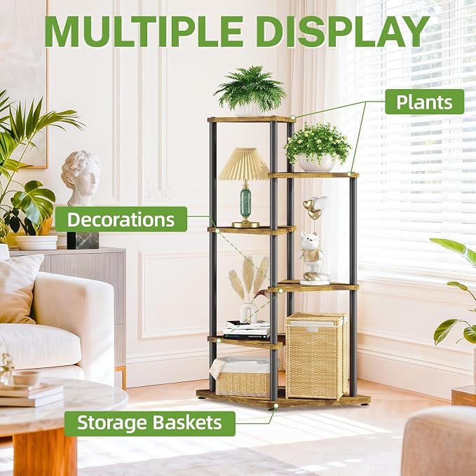 iDavosic.ly Tall Plant Stand Indoor for Large & Heavy Duty Planters, 5 Tier Corner Flower Shelf with Wooden Trays & Metal Frame, 41 Inch Orchid Rack for Living Room Balcony Porch, Black & Brown