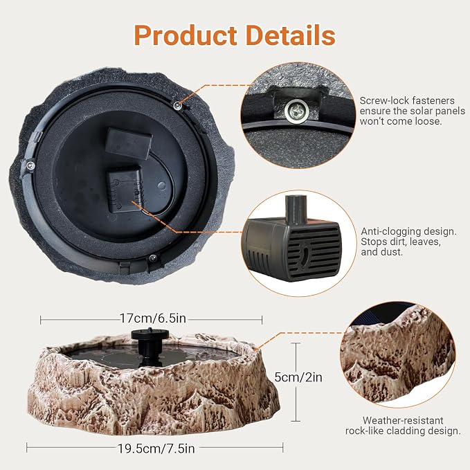 Upgrade Solar Fountain for Bird Bath Granite Rock Solar Water Fountain Pump with 6 Nozzles for Hummingbird Birdbath Lawn Fish Tank and Aquariums, High Efficiency & Anti-Clogging