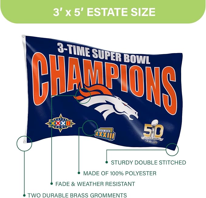 Team Sports America NFL Denver Broncos Multi-Win Superbowl Champions 3x5 Flag for Outside with Grommets | Outdoor & Indoor | Heavy Duty Flag & Banner | Works with Flag Pole for Outside House