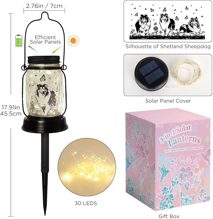 kyoryuger Sheltie Gifts for Women/Men Sheltie Solar Lanterns Dog Mom Birthday Dog Lovers Lantern Pet Loss Pet Memorial Lights Solar Garden Decoration for Yard, Patio,Backyard,Porch Torches