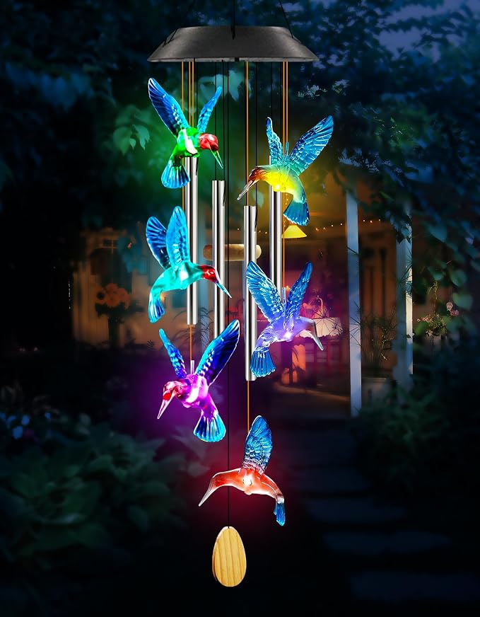Birthday Gifts for Women Mom Grandma, Purtuemy Hummingbird Wind Chimes with 4 Aluminum Tube Solar Wind Chimes for Outside Solar Lights Outdoor Garden Patio Yard Decor