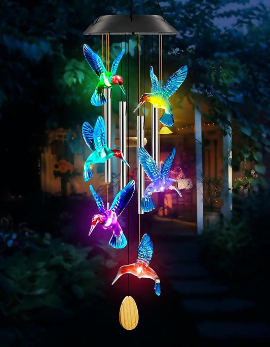 Birthday Gifts for Women Mom Grandma, Purtuemy Hummingbird Wind Chimes with 4 Aluminum Tube Solar Wind Chimes for Outside Solar Lights Outdoor Garden Patio Yard Decor