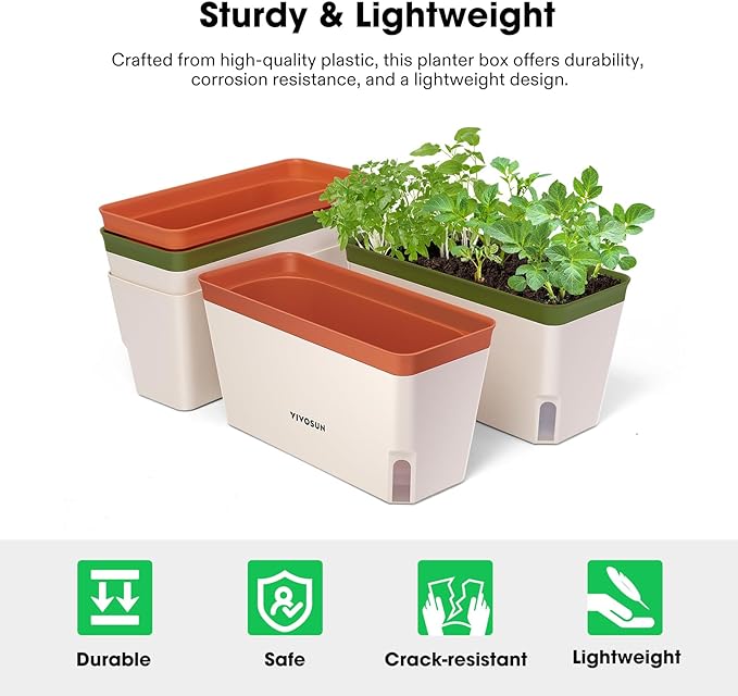 VIVOSUN Self-Watering Planters, 8-Pack 10.5 Inch Compact Rectangular Window Herb Planter Box with 10 PCS Plant Labels, Plant Container for Basil, Flowers, Succulents, Indoor & Outdoor