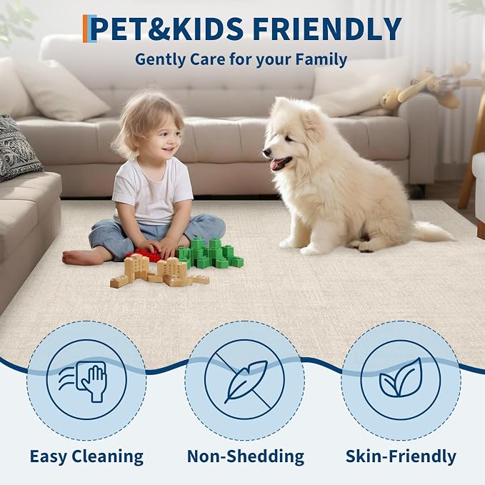 Garvee Solid Washable Rugs 5x7 Area Rugs for Living Room Bedroom Cream | Soft Non Slip Rugs for Bedroom, Low Pile Neutral Rug, Stain Resistant Foldable Carpet for Playroom Dorm, Farmhouse Rugs