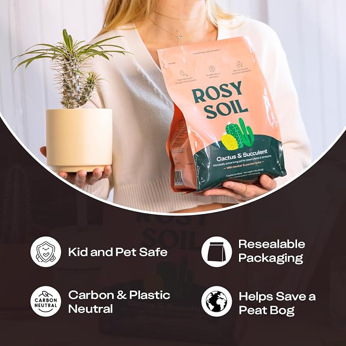 Rosy Soil Cactus & Succulent Potting Mix, 4 Quarts | Organic Succulent Potting Soil, Chunky Fast Draining, Peat-Free, Root Boosting Mix, for AloeVera, Cacti, Indoor Succulents