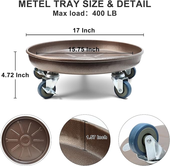2 Pack 17 Inch Metal Plant Caddy With Lockable Wheels,Plant Stand Dolly for Heavy Planter,Wheeled Planter Saucer Tray,Rolling Plant Stand,Heavy-Duty Plant Caddy for Indoor and Outdoor(Copper)