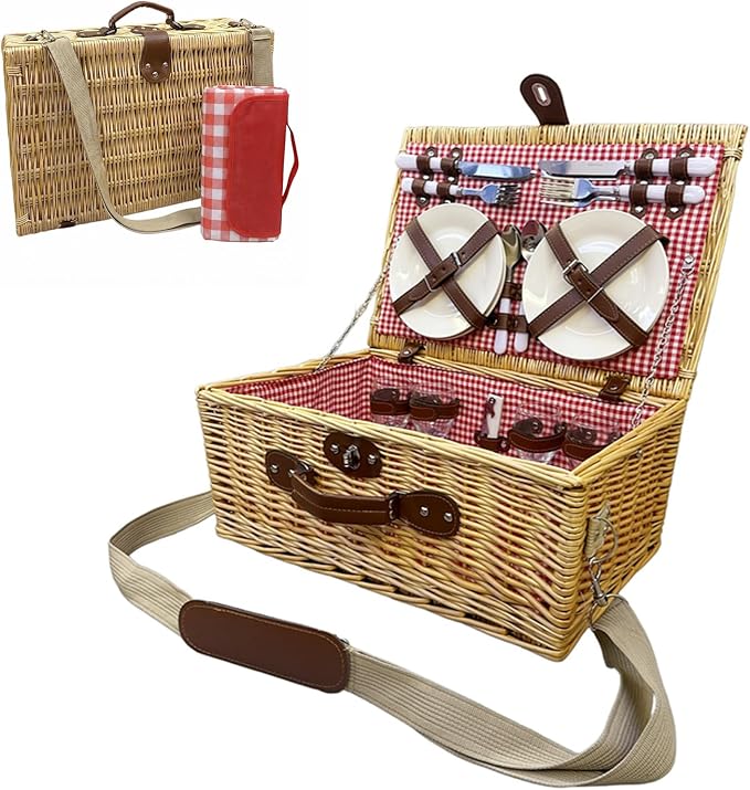 Multifunctional Wicker Picnic Basket Set for 4 Blanket Family Folding Wine Table,Insulated Portable Extra Big Storage Capacity Woven Rattan Canasta De Full Tablewares Camping Outdoor Flowers Pink