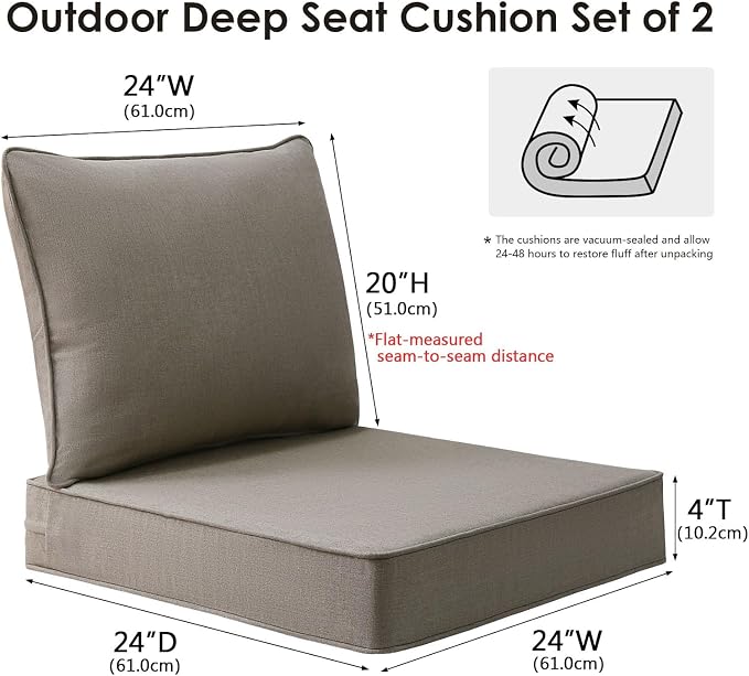 Unimatta Sunbrella Outdoor Patio Chair Cushions Set, 24" x 24", Set of 2, Water-Repellent, Fade Resistant, Deep Seat Cushion for Backyard, Couch, Sofa and Patio Furniture, Cast Shale