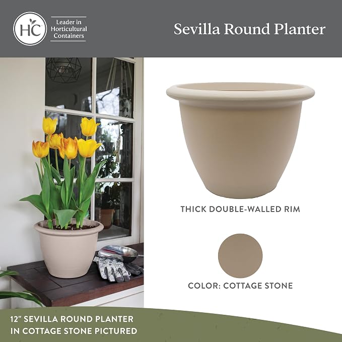 The HC Companies Sevilla Flower Planters - Durable Outdoor & Indoor Planter - Round Lightweight Self Watering Plant Pots for Herbs & More (16" Cottage Stone, Pack of 1)