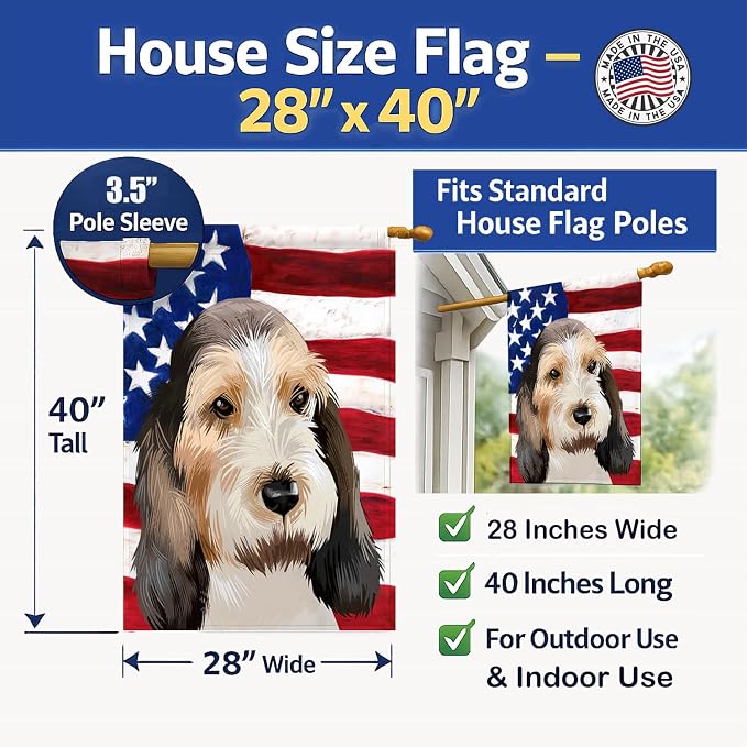 Caroline's Treasures CK6419CHF Grand Basset Griffon Vendeen American Flag House Flag Large Porch Sleeve Pole Decorative Outside Yard Banner Artwork Wall Hanging, Polyester, House Size, Multicolor