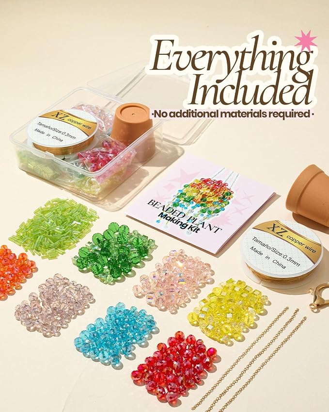 Beaded Plant Kit, Real Crystal Suncatcher Craft Kit with Tutorials | Suncatcher Craft Kit with Pot, Chain, Faux Moss, Air Dry Clay, Instruction Booklet & Video Tutorial