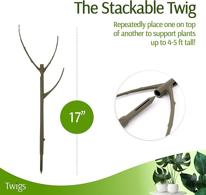 Twigs GA Stackable Plant Support Stakes, Moonstone, 3-Pack, 17" L | Made in USA, UV-Protected Sticks, Natural-Looking Stem Support Stakes, Stackable Poles for Indoor & Outdoor Plants up to 5ft