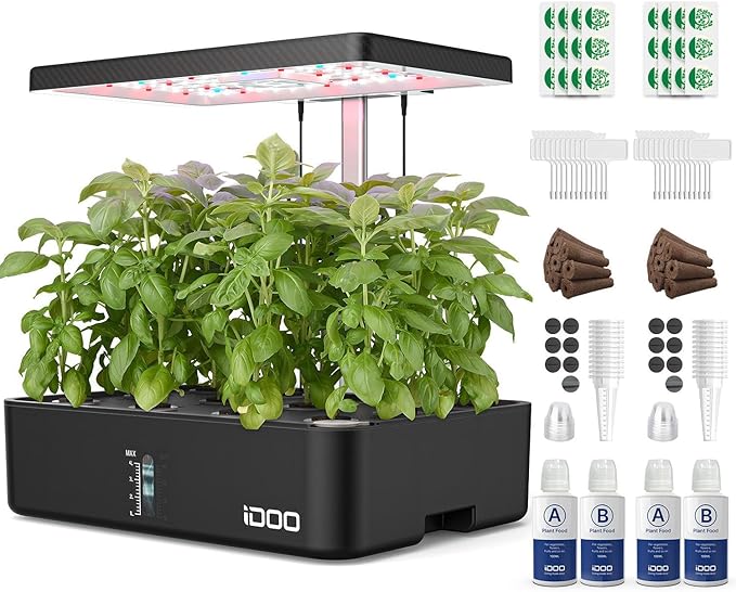 iDOO Indoor Garden Hydroponics Growing System for Growing Plants & Lettuce | Herb Garden with 12 Pods Plant Germination Kit, LED Grow Light, Adjustable Height, Auto-Timer, Hydrophonic Planter