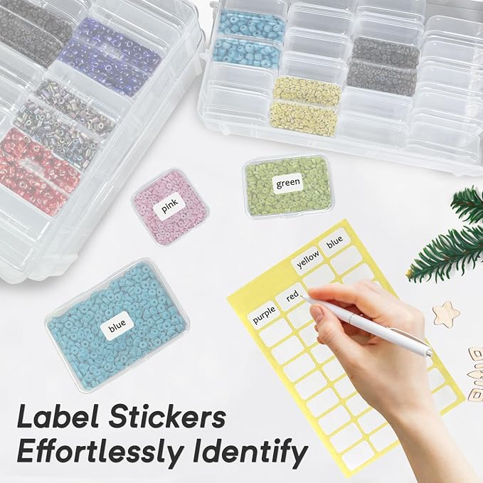 Guyuyii 58 PC Bead Storage Containers with Label Stickers & Portable Handle | for Craft Supplies, Jewelry Making, Diamond Painting | Stackable 3-Tier Case, Compatible with Seed Beads, Earrings, Sewing