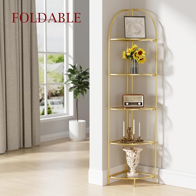 Crofy Foldable 5 Tier Corner Shelf, Metal Corner Plant Stand with Gold Frame and Transparent Shelves, Corner Display Rack Multipurpose Shelving Unit for Living Room, Bedroom, Bathroom