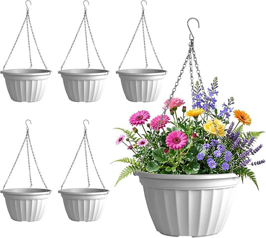 FGstyle 6 Pack Hanging Planters 8 Inch,Self Watering Pots for Indoor Plants,Plastic Hanging Basket with Soil Elevator and 20" Chain for Home Garden Porch Balcony Patio Decor(White)