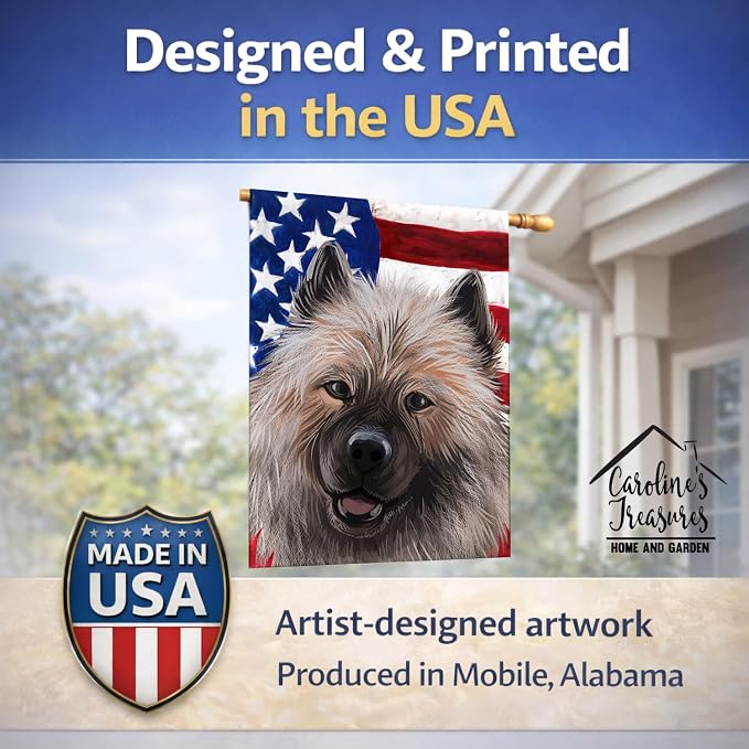 Caroline's Treasures CK6588CHF Keeshond American Flag House Flag Large Porch Sleeve Pole Decorative Outside Yard Banner Artwork Wall Hanging, Polyester, House Size, Multicolor