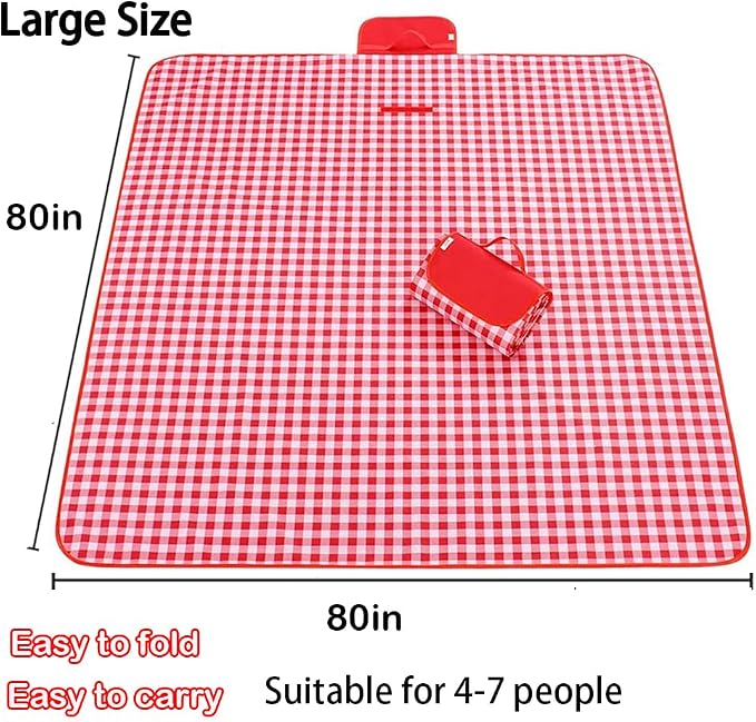 Extra Large 80x80 in Beach Blanket Outdoor Picnic Blankets, Foldable Waterproof Sand Free Beach Mats Picnic Mat for Festival BBQ Park Grass Lawn Camping Hiking Travel Concerts (Classic Red Check)