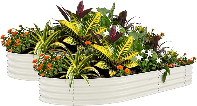 Garvee 2 Pack 10x4x1.5ft Galvanized Raised Garden Bed Kit, Oval Metal Planter Boxes with Anti-Cut Safety Edges, Rust-Resistant Deep Root Planters for Outdoor Vegetables, Flowers, Herbs, Beige