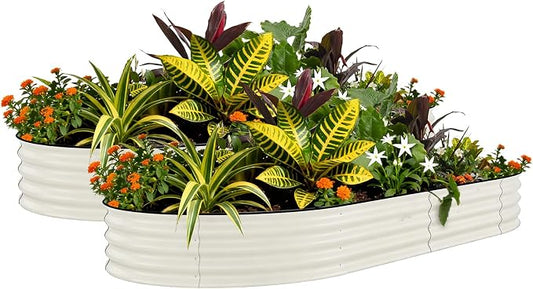 Garvee 2 Pack 10x4x1.5ft Galvanized Raised Garden Bed Kit, Oval Metal Planter Boxes with Anti-Cut Safety Edges, Rust-Resistant Deep Root Planters for Outdoor Vegetables, Flowers, Herbs, Beige