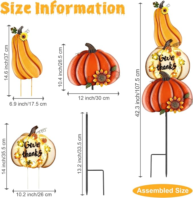 Fovths 42.3 Inch 3 Pieces Thanksgiving Metal Fall Pumpkins Garden Yard Sign, Giant LED Metal Thanksgiving Pumpkin Yard Sign Stakes, Waterproof Fall Harvest Pumpkin for Outdoor Lawn Decor