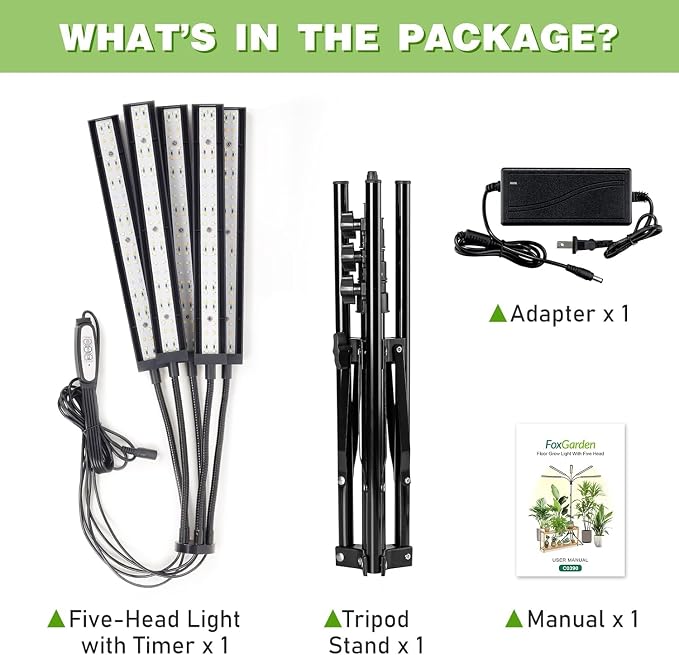 FOXGARDEN Grow Lights for Indoor Plants 5-Head Full Spectrum with Tripod Stand, Timer, Dimmable Flexible Goosenecks for Indoor Potted Plants