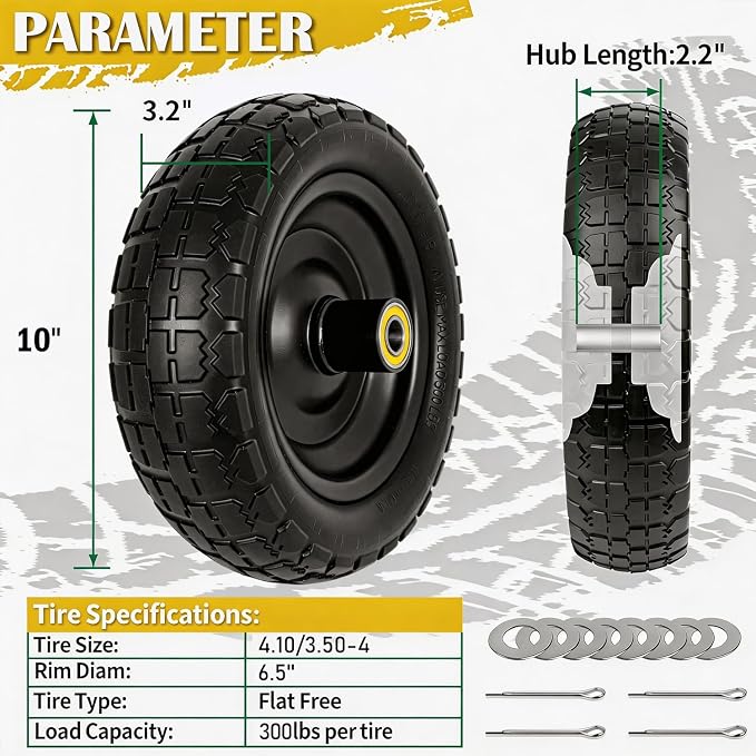 10" G orilla Cart Tires Flat Free, 300LB Capacity, with 5/8" Axle Bore Hole, 2.2" Offset Hub, Solid Rubber Tire for GOR Garden Cart, Trolleys, Hand Trucks, Yard Trailers, 4 Pack