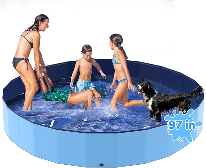 97'' Foldable Dog Pool, Kiddie Pool, Plastic Non-Slip Kids Pools, Heavy Duty Dog Pad for Large Dogs, Oversized Pet Dogs Bathtub, Indoor and Outdoor Kids Pet Wading Pools