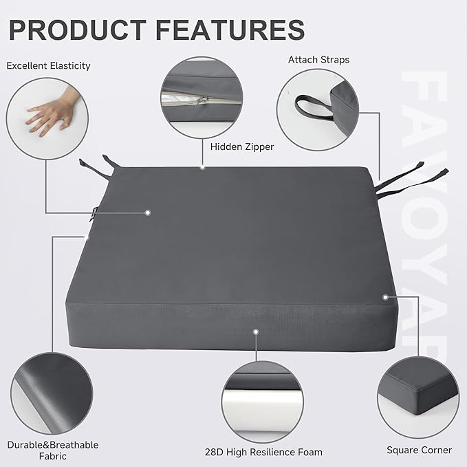 Favoyard Patio Chair Cushions 19 x 19 x 3 Inch Waterproof Outdoor Seat Cushions for Patio Furniture 3-Year Color Fastness Garden Sofa Couch Pads with Handle & Adjustable Straps Set of 2, Dark Grey
