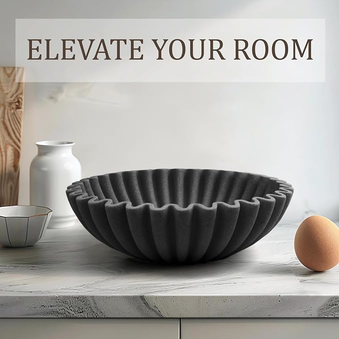 LIN CHUAN Ruffle Decorative Bowl, Large Fruit Bowl for Kitchen Counter, Stylish Key Bowl for Entry Table, Handcrafted Home Decor Display bowl, Artificial Stone Black