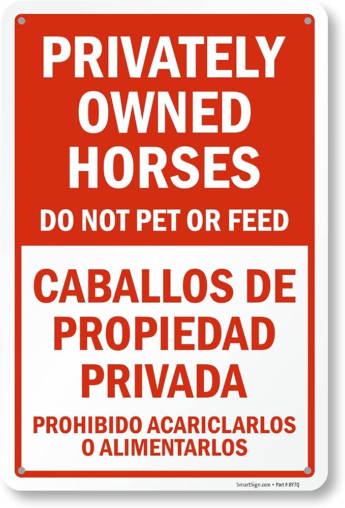 SmartSign 18 x 12 inch “Privately Owned Horses - Do Not Pet Or Feed” Bilingual Metal Sign, 63 mil Laminated Rustproof Aluminum, Red and White, Made in USA