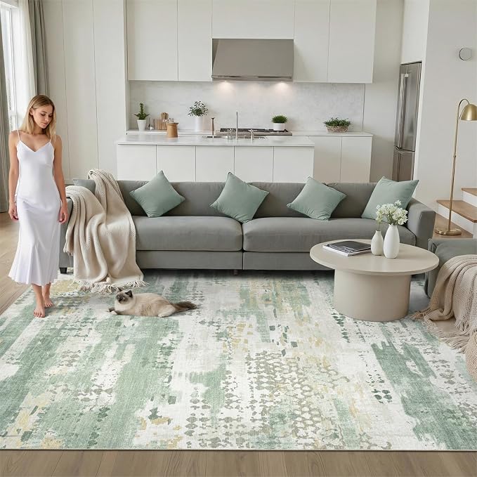 DCX 5x7 Area Rug Living Room: Washable Abstract Indoor Carpet Sage Green | Non-slip backing keeps this soft, washable low-pile rug secure and easy to clean—pet-friendly for bedrooms and offices