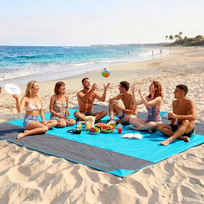 Wolfwise 78" × 81" XXL Beach Blanket, Waterproof & Sandproof Picnic Mat with 4 Sand Pockets & 4 Stakes, Windproof Outdoor Camping Beach Mat, Lightweight, Fits 4 People, Blue