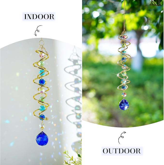 Crystal Gazing Ball Wind Spinner Suncatcher with Hook Decor | Crystal Suncatcher Gazing Ball with Spiral Tail Rainbow Maker Beads Hanging for Window Indoor Outdoor Garden Wedding Decor