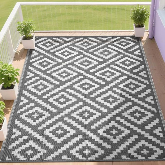 RURALITY Outdoor Rugs 9x12 Feet for Patios Clearance,Plastic Straw Waterproof Mats for Backyard,Porch,Deck,Balcony,Grey&White